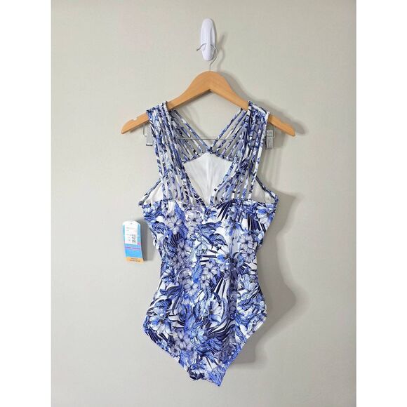 Swim Solutions Blue Floral Stretch Tummy Control One Piece Swimsuit Size 12 NEW - Picture 4 of 8